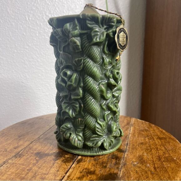 Vintage Large Green Carved German Bavarian Wax Pilar Candle 70s Vibes - Picture 1 of 14
